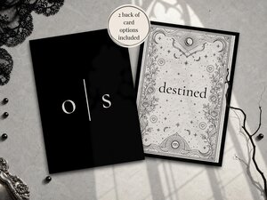 Two card back options are shown side-by-side with black backgrounds, white initials, and intricate celestial line art with the word destined.