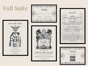 A full suite of wedding stationery items including save the date cards, rsvp cards, and details cards displayed on a beige background.