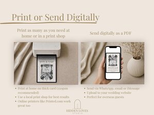 An instructional graphic demonstrating options to print cards at home or send them digitally as a PDF using a phone.