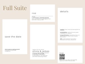 A digital layout of a full wedding invitation suite featuring save the date, invitation, details, and RSVP cards with minimalist typography.