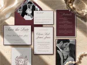 Old money wedding invitation suite with European heritage typography, refined serif lettering, quiet luxury styling and a timeless country house aesthetic.