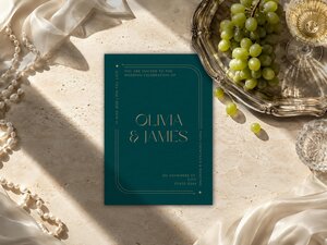 Art Deco Wedding Invitation featuring a deep emerald green background with metallic gold typography, curved geometric linework, corner diamonds and an Art Deco initials monogram; editable Canva template with refined typography and personalised wedding details.