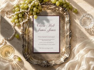An Old Money wedding invitation suite rests on an ornate silver tray surrounded by green grapes, pearls, and a crystal glass.