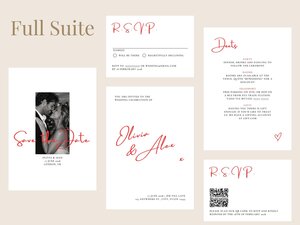 A flatlay display of a full wedding invitation suite featuring red script typography and a couple photo card.