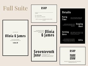 A collection of wedding stationery pieces including save the date, invitation, details, and RSVP cards in a minimalist gothic style.