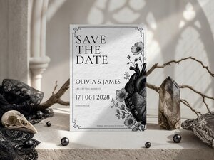 The Save the Date card standing upright on a stone ledge alongside a dark crystal point, an animal skull, and bare branches.