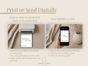 An instructional graphic demonstrates printing an invitation from a small printer and viewing it digitally on a smartphone.