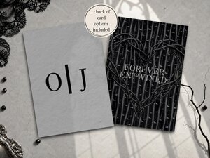 Two vertical cards display minimalist initials on the left and a thorny heart motif on the right.