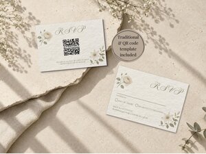 Two RSVP cards with beige floral designs and a QR code lie on a beige textured surface.