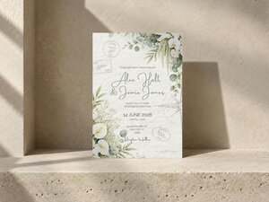 A wedding invitation template propped upright against a textured beige wall on a stone ledge.