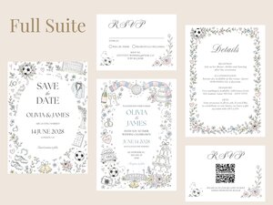 An arrangement of matching wedding stationery including save the dates, RSVP cards, and details cards.