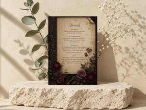 A details card with dark floral and book illustrations rests upright on a textured stone block, flanked by eucalyptus and baby's breath.