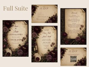 A complete suite of vintage dark academia themed wedding stationery templates arranged on a neutral surface.