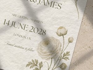A close-up view of the botanical save the date card highlighting the textured cream paper and detailed watercolor floral illustrations.