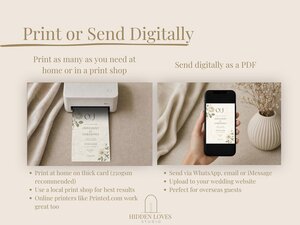 An instructional graphic displaying a printer printing an invitation on the left and a hand holding a phone showing the digital invitation on the right.