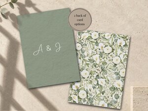 Two options for the back of a wedding card, one solid sage green with white initials and one covered in white floral patterns.