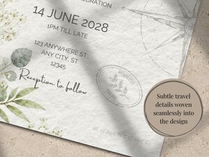 A close-up view of a wedding invitation showing text details, a compass graphic, and a Manchester postal cancellation stamp.