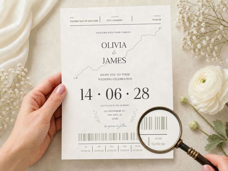 Running wedding invitation template Canva, marathon race wedding invite with route map line, editable race details including distance location and splits, modern minimal wedding invitation with barcode detail, personalised running themed invite, instant digital download, printable wedding invitation UK