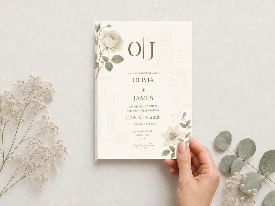A hand holds a cream-colored wedding invitation with green botanical illustrations and black text, surrounded by sprigs of baby's breath and eucalyptus.