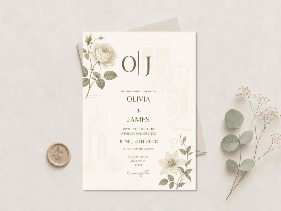 A cream-colored wedding invitation with green botanical illustrations and black text is centered on a light background, with a wax seal and eucalyptus sprigs.