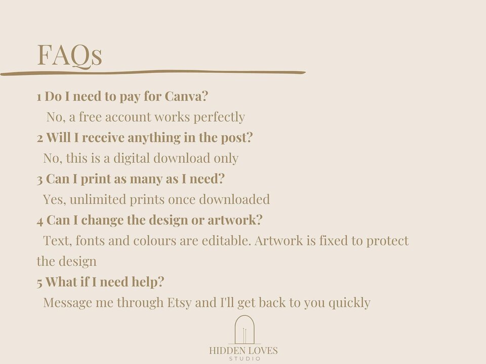 A light background with the text "FAQs" and five numbered questions about Canva, digital downloads, printing, editing, and help, with their answers below.