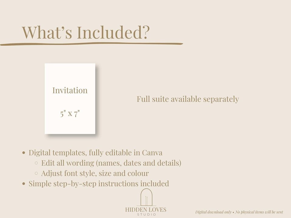 A white card with "Invitation" and "5" x 7"" printed on it, next to the text "What's Included?" and "Full suite available separately".