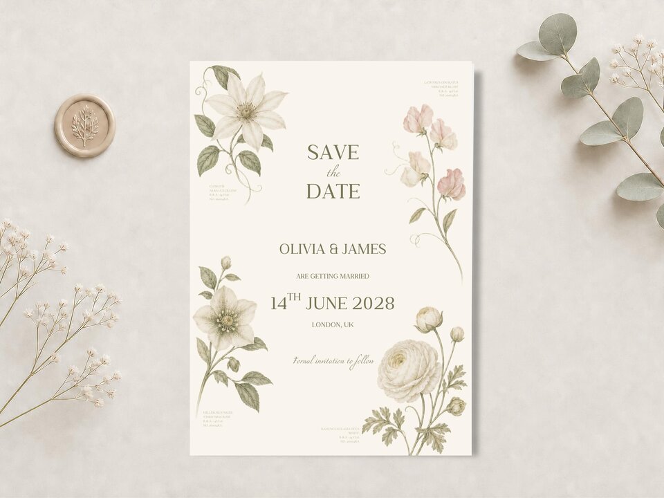 A cream-colored "Save the Date" card with green botanical illustrations and black text is centered on a light background, with a wax seal and eucalyptus sprigs.