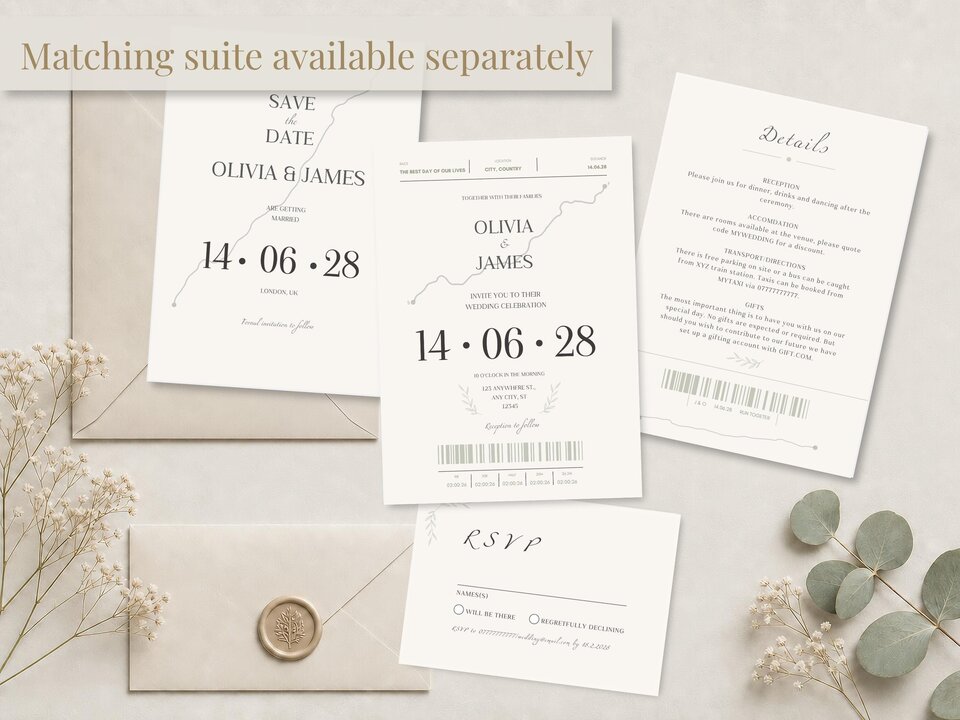 A collection of cream-colored wedding stationery, including an invitation, save the date, details card, and RSVP card, arranged on a light background with greenery.