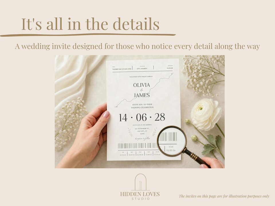A hand holds a cream-colored wedding invitation with a running path graphic, while a magnifying glass rests on the table next to it, with a white rose and baby's breath.