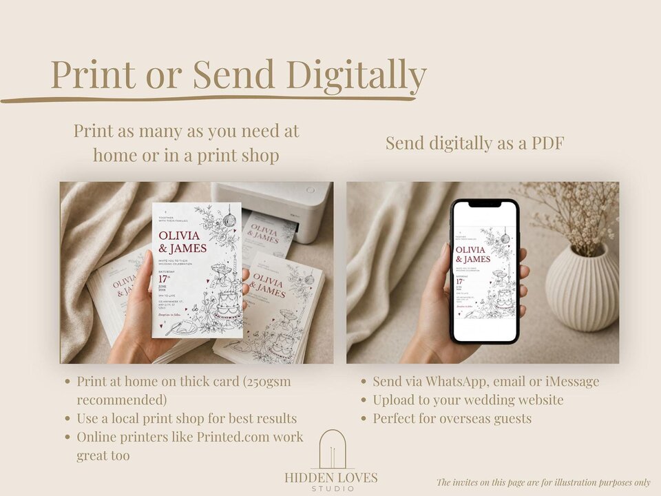 Two images side-by-side: one of hands holding printed wedding invitations next to a printer, and another of a smartphone displaying the invitation design.