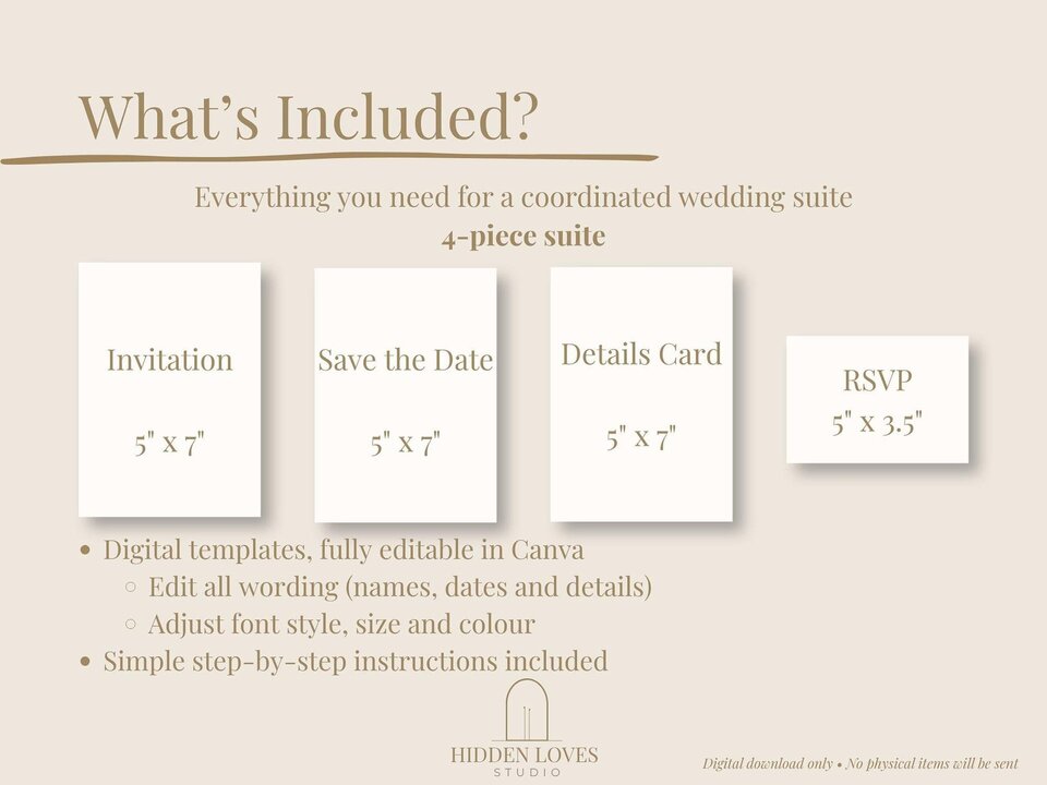A graphic showing four white cards with brown text: "Invitation 5" x 7"", "Save the Date 5" x 7"", "Details Card 5" x 7"", and "RSVP 5" x 3.5"".