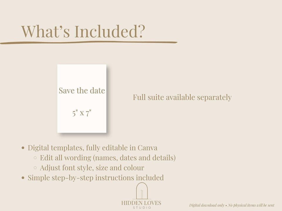 Text titled 'What's Included?' with a white card showing 'Save the date 5" x 7"' and bullet points about digital templates and instructions.