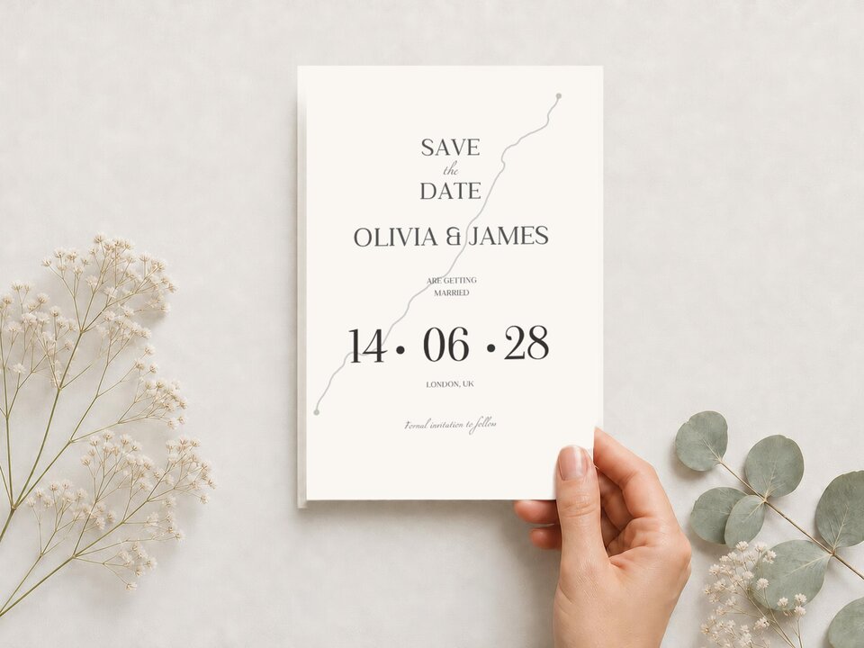 A hand holds a cream-colored save-the-date card with black text and a gray winding line, next to dried flowers.