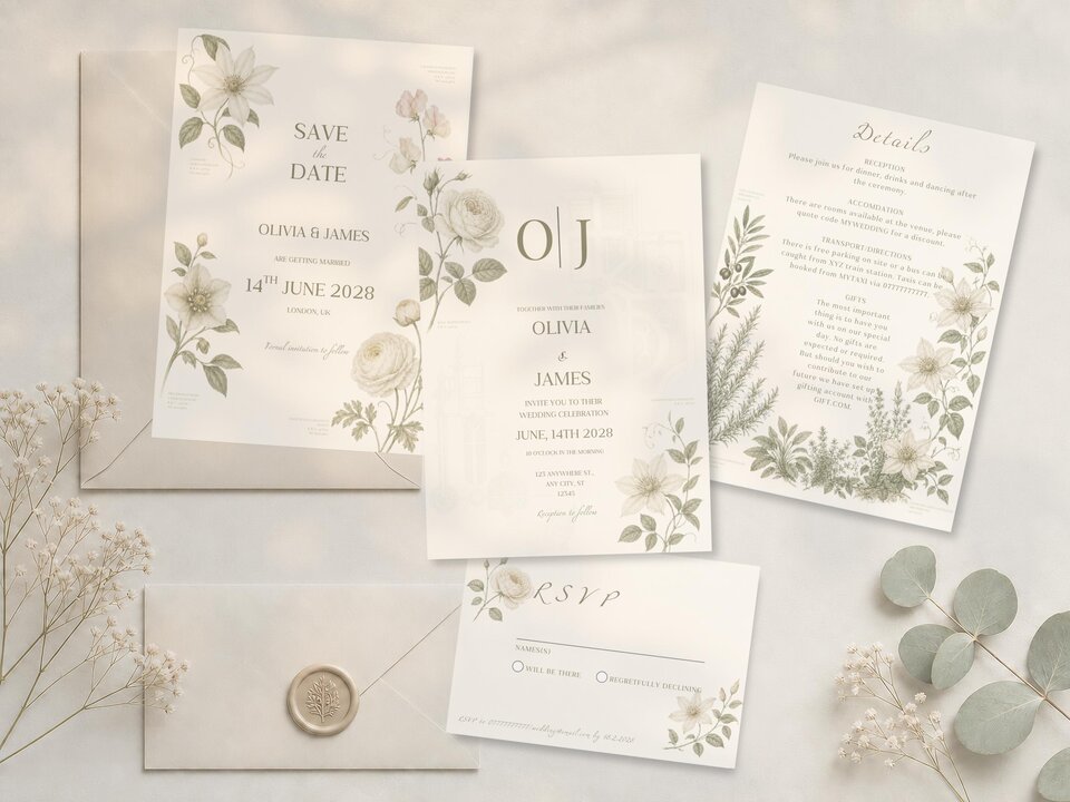 A cream-colored wedding invitation suite with green floral designs, including a save-the-date, RSVP card, and details card, arranged on a light fabric surface with a wax seal and eucalyptus leaves.