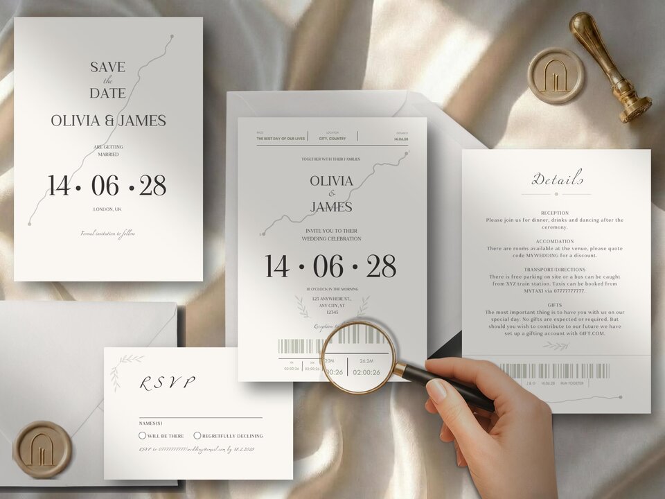 A flat lay of a wedding invitation suite with a save the date, invitation, details card, and RSVP card, all featuring a marathon route design, with a hand holding a magnifying glass over the invitation's barcode.