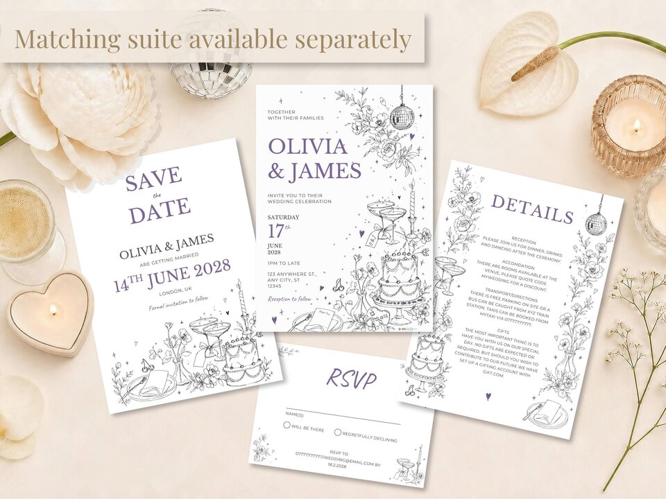A set of four white wedding stationery cards, including a main invitation, save the date, details card, and RSVP card, all with purple text and black line drawings of gaming-themed elements.