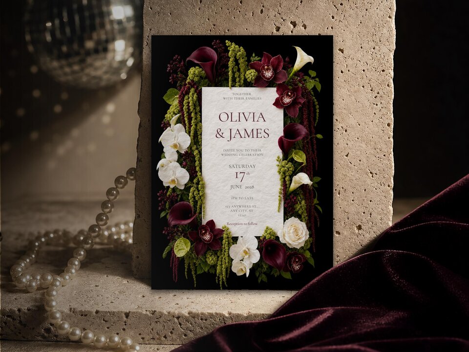 Burgundy and chartreuse floral wedding invitation template shown on a grey surface with editorial flower artwork, pearl necklace and silver tray. Flowers include burgundy calla lilies, burgundy cymbidium orchids, white orchids, ivory roses and trailing amaranthus with chartreuse accents