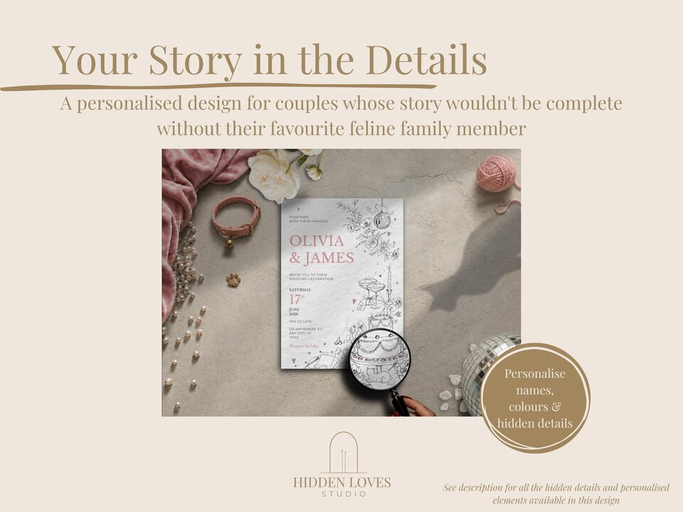 A white wedding invitation card with black line art and pink text, a pink velvet scarf, a pink cat collar, pearls, and a disco ball, with text overlay "Your Story in the Details".