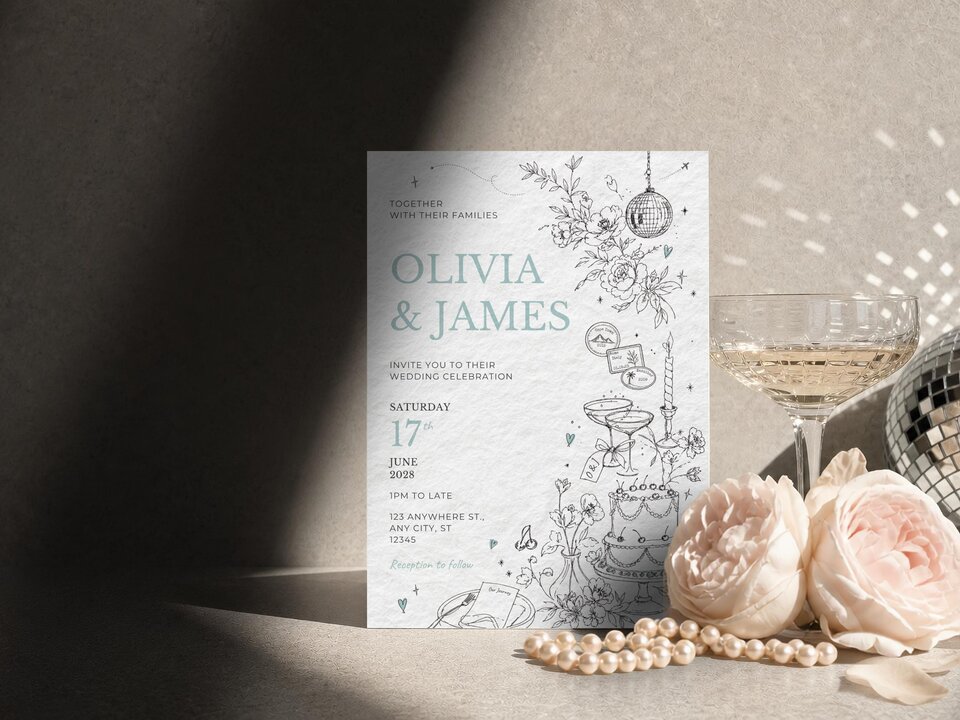 A wedding invitation with travel-themed line art and text for "Olivia & James" stands upright next to a champagne glass, pearls, and roses.