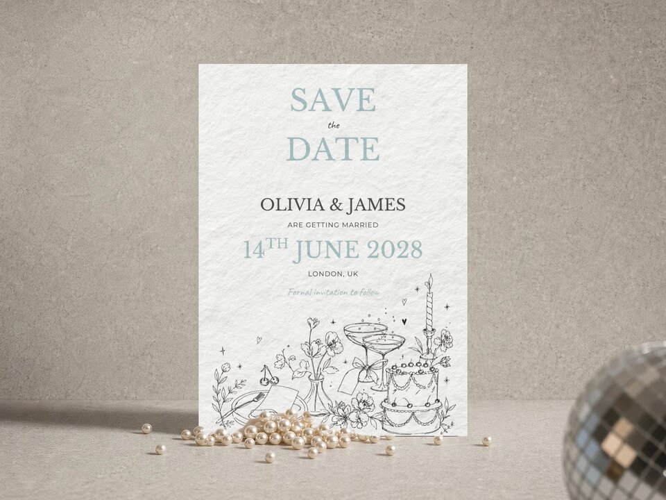 A save-the-date card with travel-themed line art and text for "Olivia & James" stands upright on a gray surface with scattered pearls.