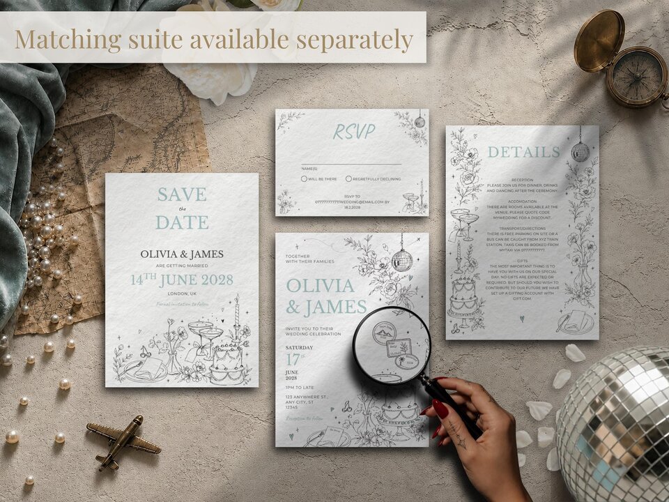 A set of three wedding stationery pieces, including an invitation, RSVP card, and details card, are arranged on a surface with travel-themed decorations.
