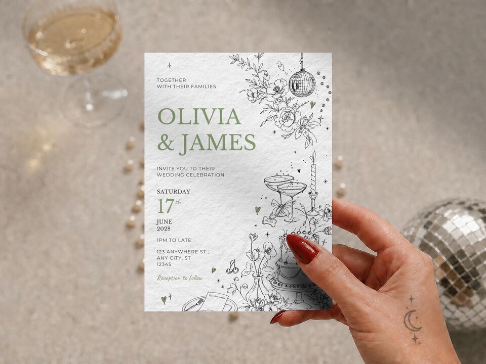 A hand holding a wedding invitation with green text and black line art illustrations of flowers, a disco ball, champagne glasses, and a wedding cake, with a disco ball and champagne glass in the background.