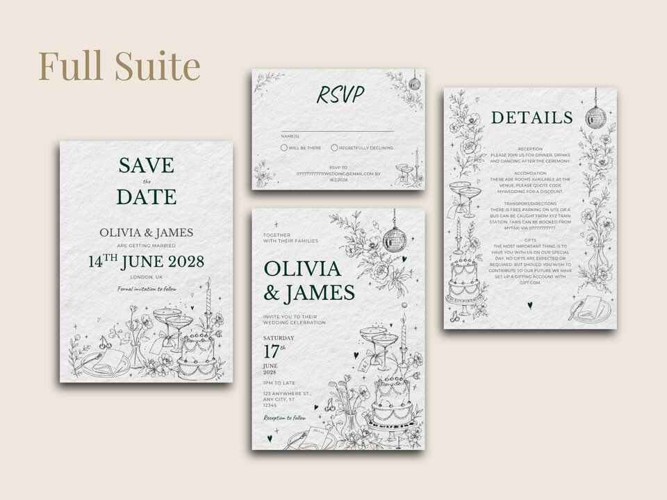 Four white cards with green text and golf-themed line art are arranged on a beige background, displaying a "Save the Date," "RSVP," "Details," and "Full Suite" invitation.
