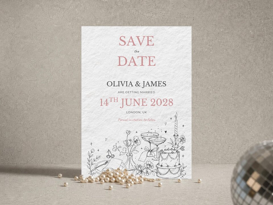 A white "Save the Date" card with black line-art illustrations of flowers, books, and a cake, with pink text for "Olivia & James" and the date "14th June 2028," stands on a gray surface next to a disco ball.