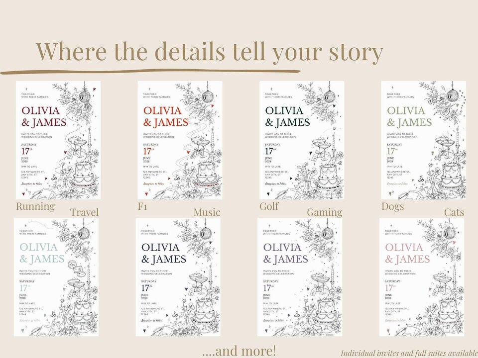 Eight wedding invitations are displayed in two rows, each with "Olivia & James" and a different line-drawn illustration theme, such as running, travel, F1, music, golf, gaming, dogs, and cats.
