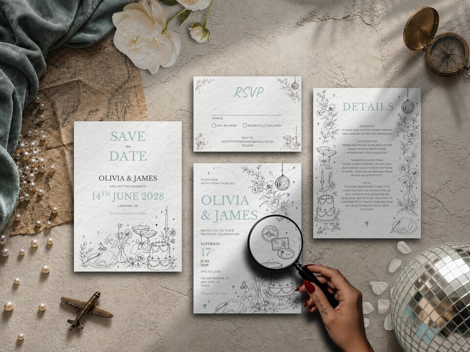 A flat lay shows a wedding invitation suite with a save-the-date, RSVP card, details card, and main invitation, all with line art illustrations.