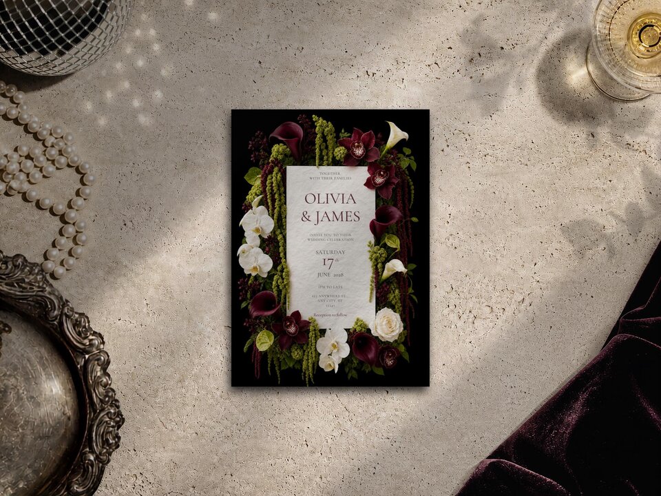 A wedding invitation card with dark floral border of burgundy calla lilies and white orchids rests on a textured stone surface next to pearls and velvet fabric.