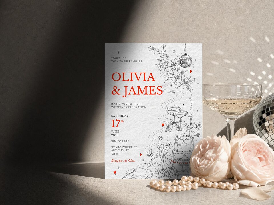 A white wedding invitation with red text and black line art stands upright, next to a glass of champagne, pink roses, and a disco ball.