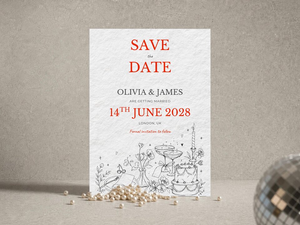 A white "Save the Date" card with red text and black line art stands upright, next to scattered pearls and a disco ball.