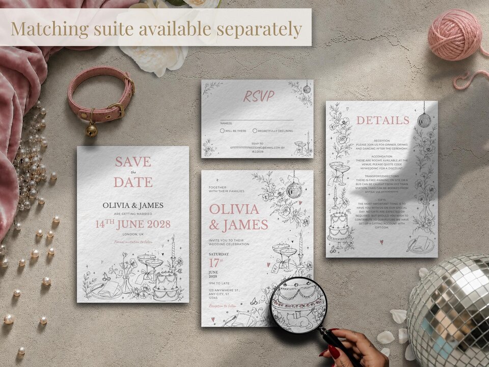 A set of four wedding stationery items: a save the date, an RSVP card, a details card, and a wedding invitation, all with matching pink text and black line art illustrations.